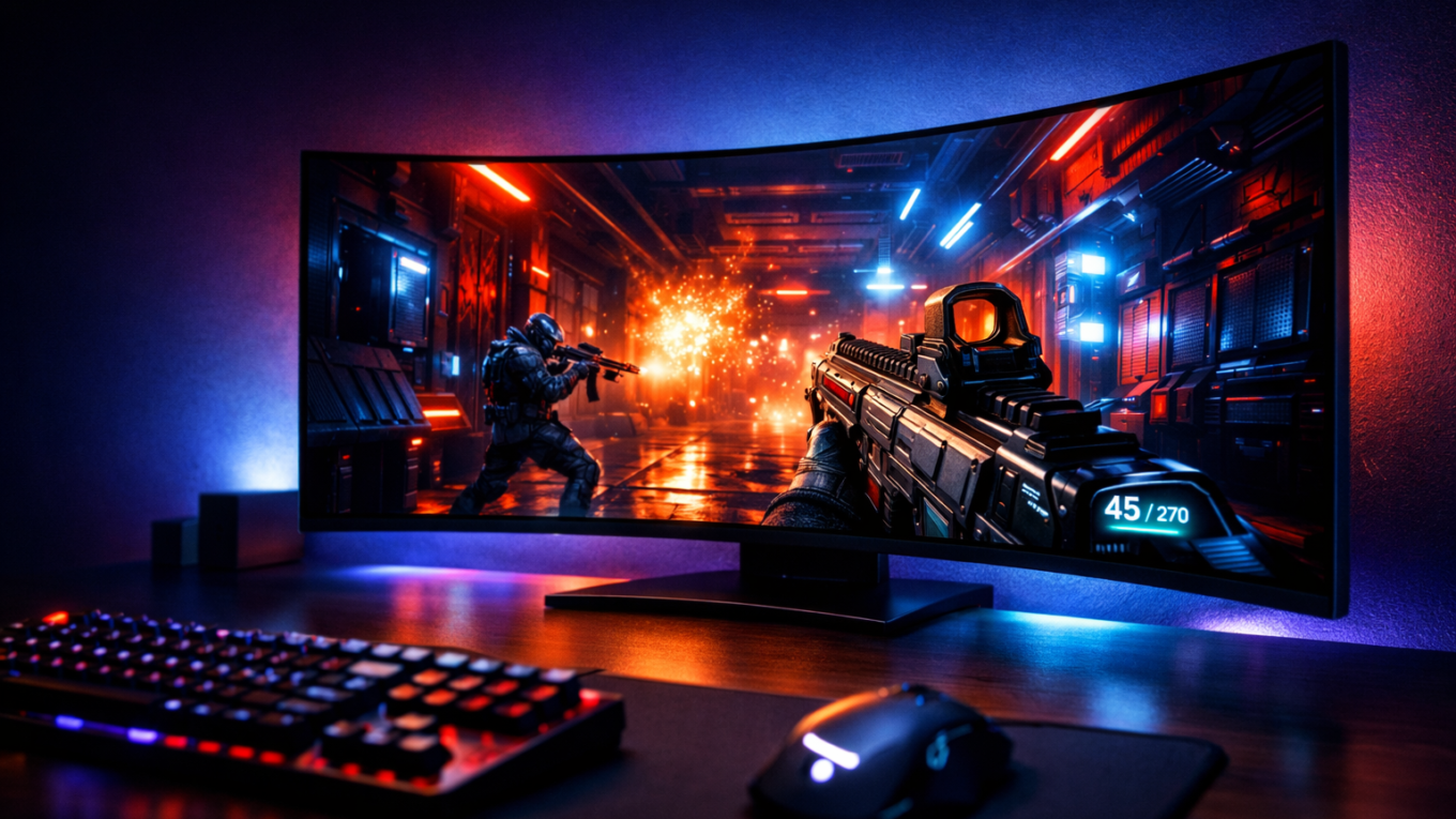 Imagem cinematográfica de um setup gamer premium com monitor curvo OLED de 45 polegadas como elemento central, exibindo um jogo FPS futurista com contraste intenso, pretos profundos e iluminação neon vibrante. O ambiente escuro com luz RGB cria uma atmosfera tecnológica e imersiva, destacando a curvatura da tela e a qualidade visual extrema, transmitindo desempenho, sofisticação e vantagem competitiva.