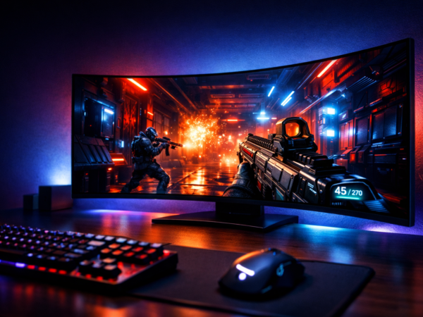 Imagem cinematográfica de um setup gamer premium com monitor curvo OLED de 45 polegadas como elemento central, exibindo um jogo FPS futurista com contraste intenso, pretos profundos e iluminação neon vibrante. O ambiente escuro com luz RGB cria uma atmosfera tecnológica e imersiva, destacando a curvatura da tela e a qualidade visual extrema, transmitindo desempenho, sofisticação e vantagem competitiva.